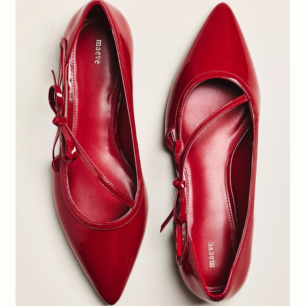 NWT Maeve Anthropologie Red Patent Pointed Toe Bow Ballet Shoes EU 37 (US 6–6.5)